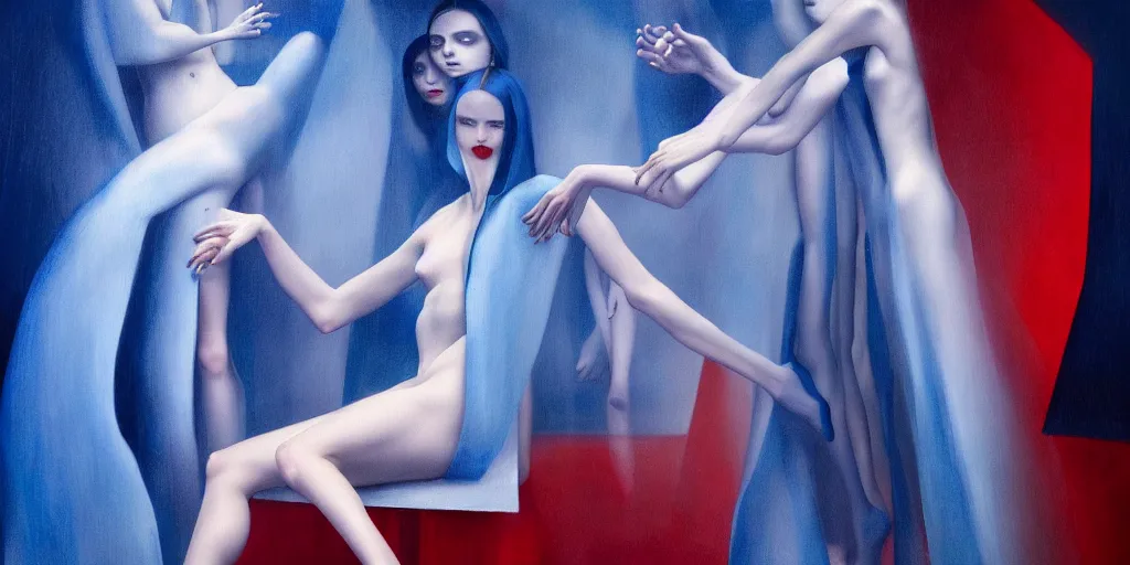 Image similar to only with blue, high fashion model shooting a cop, too many hands in all directions, in hoc signo vinces, waterfall, in the style of leonora carrington, gottfried helnwein, intricate composition, blue light by caravaggio, insanely quality, highly detailed, masterpiece, red light, artstation