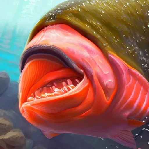 Image similar to a swimming salmon that looks like salman rushdie, a realistic portrait and realism, a sharp focus, ten flats, digital art, bright colors, trending on artstation, unreal engine
