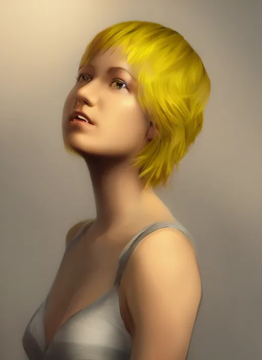 Prompt: portrait, young lady, yellow short hair, computer painting, volumetric lighting, detailed