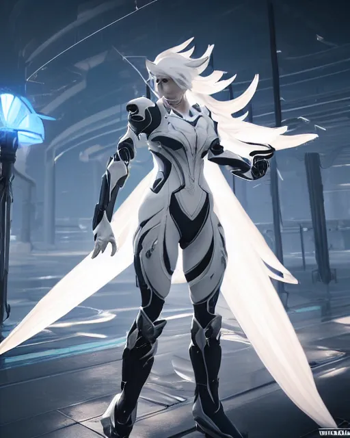 Image similar to perfect white haired girl, warframe armor, beautiful, detailed, windy weather, scifi platform, laboratory, experiment, 4 k, ultra realistic, epic lighting, cinematic, high detail, masterpiece
