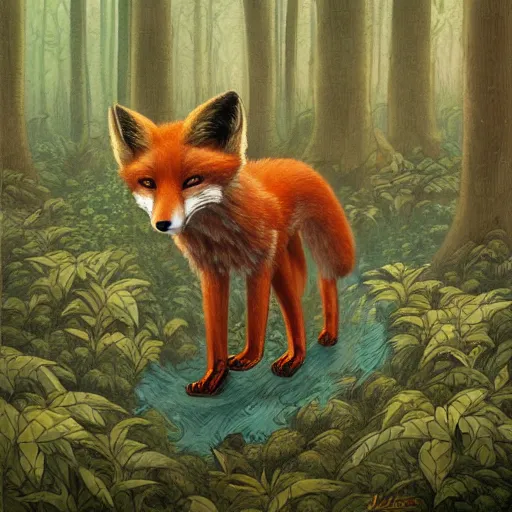 Prompt: an adventurous anthropomorphic fox walking through a lush forest, James jean