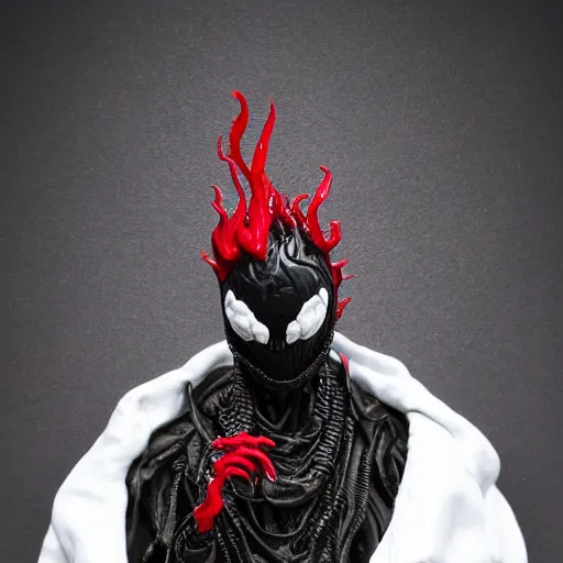 Prompt: venom lord sculptor, black paint on white porcelain, leather cloak, red smoke, intricate, wet plastic, levitating, style of alex stoddard, 8 k, back light