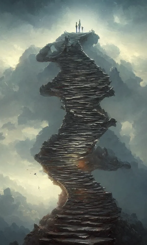 Image similar to endless stairs to universe, sky full of clouds, art by greg rutkowski and peter mohrbacher, featured in artstation, octane render, cinematic, elegant, intricate, ultra detailed, rule of thirds, professional lighting, unreal engine, fantasy, concept art, sharp focus, illustration, 8 k