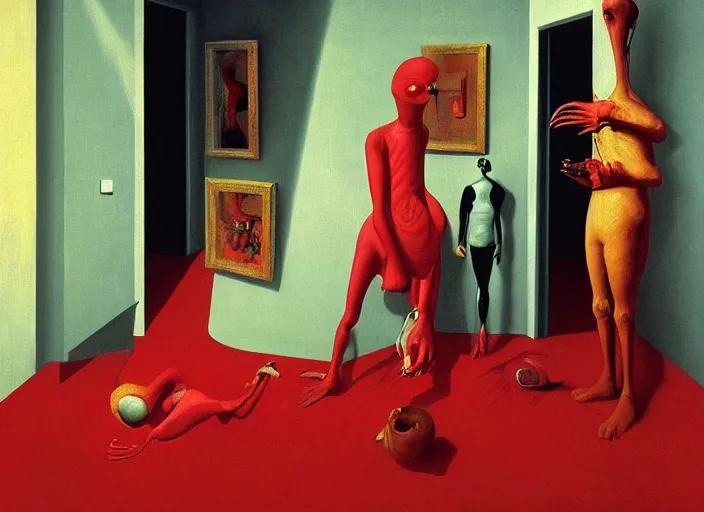 Prompt: a still from home alone by giorgio de chirico, goro fujita, surreal, francis bacon, lucian freud, edward hopper and james jean, greg hildebrandt masterpiece, dark surrealism, interior room, a still from the film alien, vibrant red background, highly detailed, exotic vegetation, cinematic, james gilleard, zdzislaw beksinski