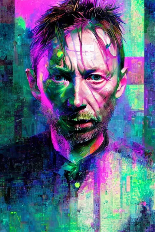 Prompt: A portrait of Thom Yorke as a cyberpunk, iridescent highlights, background of digital greebles, highly detailed, intricate, soft, sci-fi, sharp focus, glowing lines, art by Ruan Jia