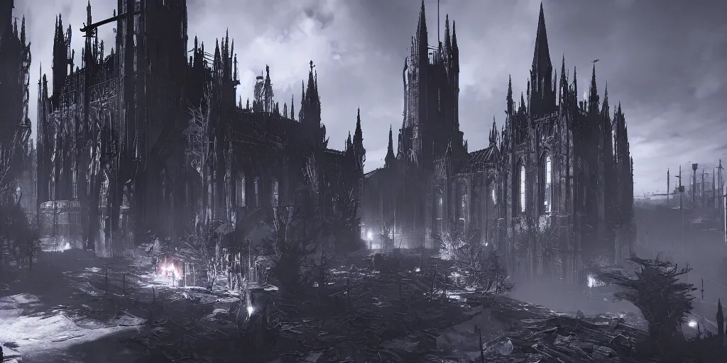 Image similar to grimdark tsutomu nihei aposimz gothic cathedral city, unreal engine, 8 k, ultra realistic, ultra detail