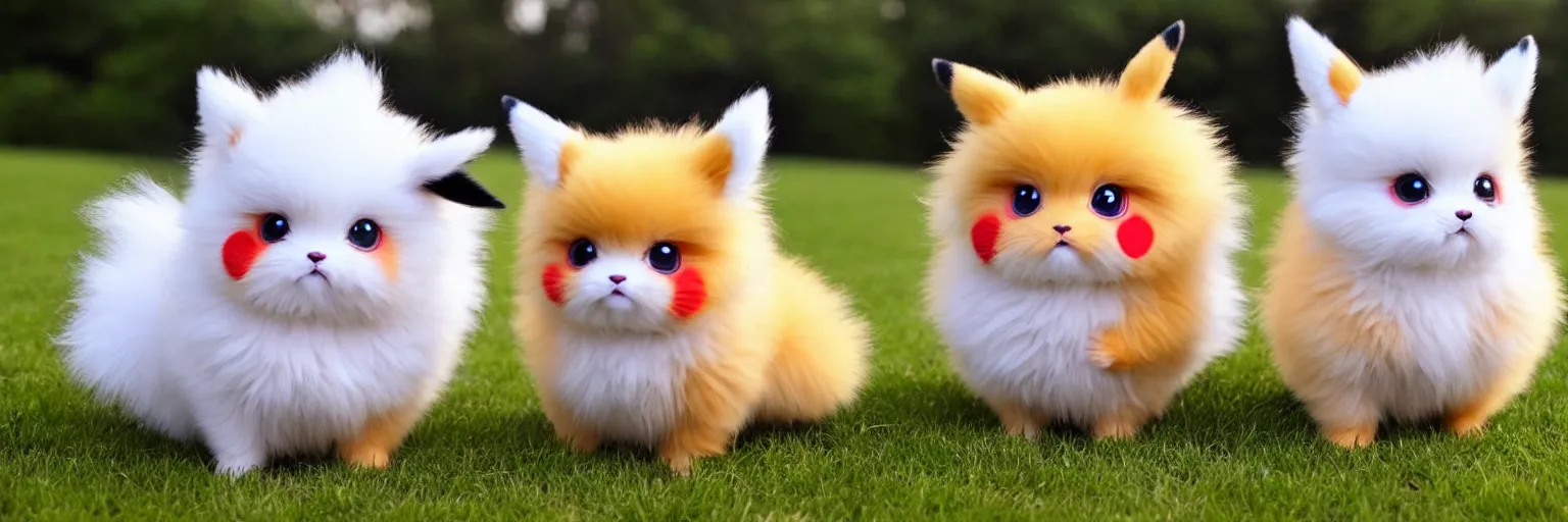 Image similar to real life pokemons, cute!!!, content!!!, mischievous!!!, adorable!!!, little furballs, fluffy!!!, ultra realistic!!!, golden hour, sharp focus