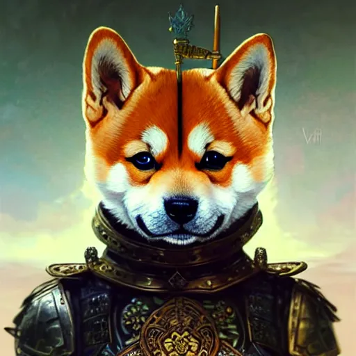 Image similar to portrait painting of a cute shiba inu warrior with crown, ultra realistic, concept art, intricate details, eerie, highly detailed, photorealistic, octane render, 8 k, unreal engine. art by artgerm and greg rutkowski and charlie bowater and magali villeneuve and alphonse mucha