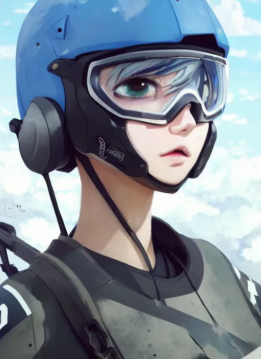 Prompt: a speedqb player girl, hangar roof background, paintball arena landscape, illustration, concept art, anime key visual, trending pixiv fanbox, by wlop and greg rutkowski and makoto shinkai and studio ghibli and kyoto animation, symmetrical facial features, paintball goggles mask, colorful airsoft gun, hockey clothing, military carrier rig, realistic anatom