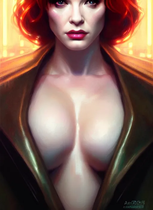 Image similar to bladerunner cyberpunk portrait of christina hendricks, beautiful face, highly detailed face!!!, extremely detailed!, digital painting, unreal engine 5, art by artgerm and greg rutkowski and alphonse mucha
