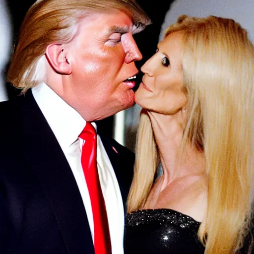 Prompt: donald trump in black tuxedo kissing ann coulter in a nightclub.