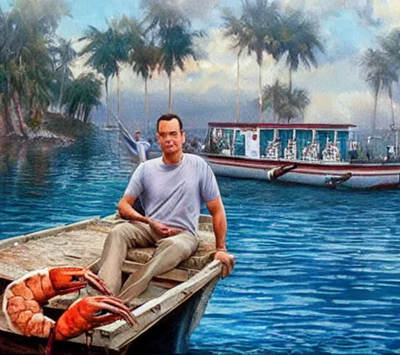 Image similar to Tom hanks as forrest gump sitting in a giant shrimp boat, majestic beautiful world, realism painting, amazing detail