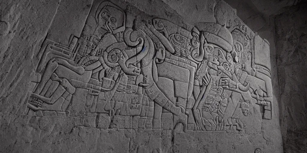 Image similar to pascal votan the space navigator as etched in stone, Mayan hieroglyph by Liam Wong and Boris Vallejo