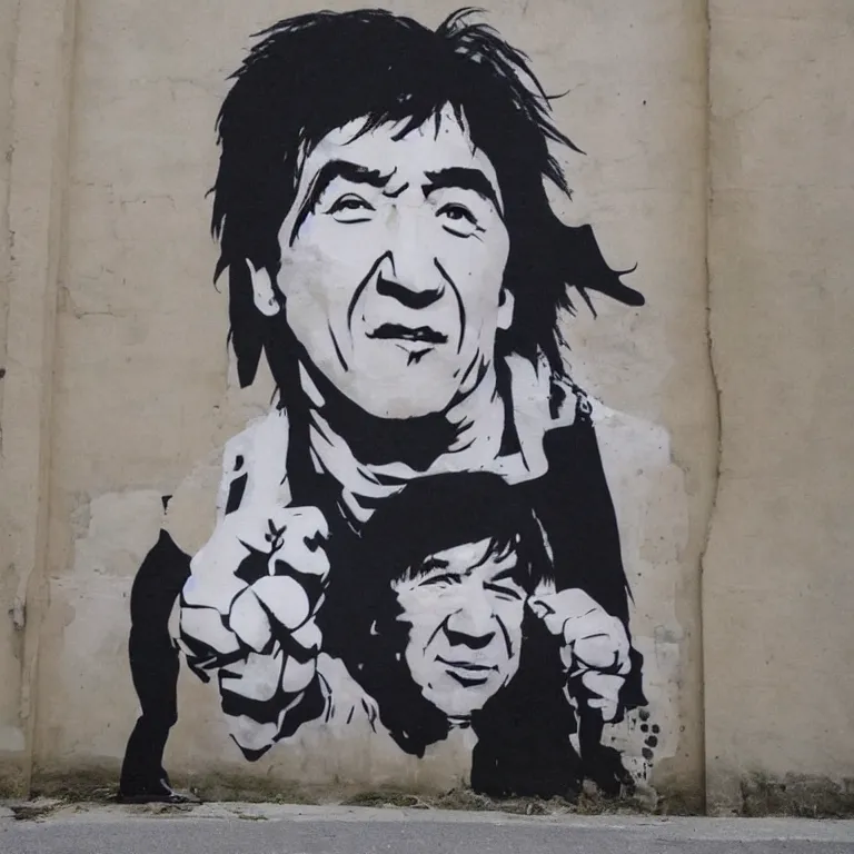 Prompt: Street-art full-body portrait of Jackie Chan in style of Banksy