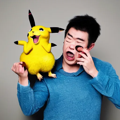 Image similar to portrait sneezing mid - sneeze midsneeze detective sneezing pikachu mid - sneeze wiping face with rag at a photoshoot studio lighting