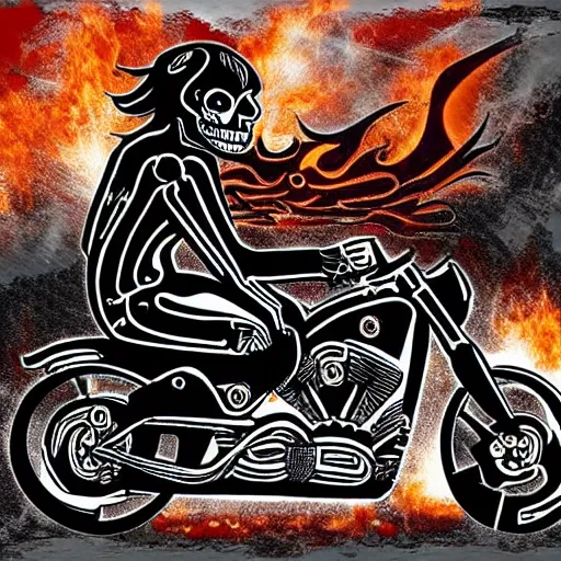 Image similar to skeleton harley davidson with fire and flames, dark, scary