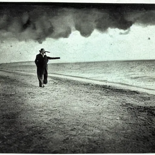 Image similar to an old photograph of Fidel Castro smoking a cigar and walking in the beach. There is a storm in the background. 1850s color photography. Award winning.