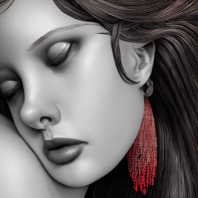Image similar to studio portrait of absurdly beautiful, elegant, young woman made of rubies looking up, ultrafine hyperrealistic detailed face illustration by kim jung gi, irakli nadar, intricate linework, sharp focus, bright colors, matte, octopath traveler, final fantasy, unreal engine highly rendered, global illumination, radiant light, intricate environment
