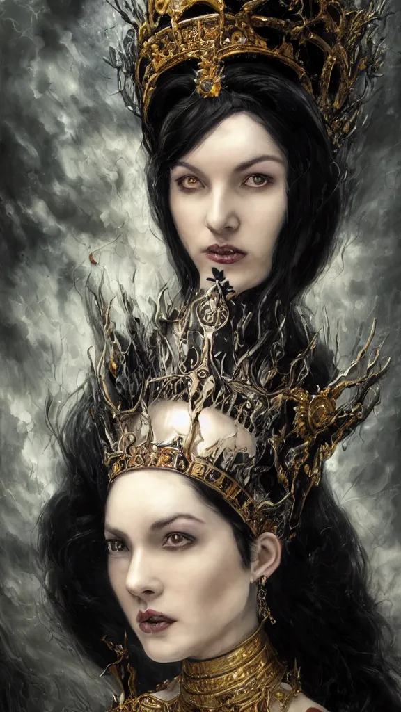 Image similar to a beautiful black haired woman with pale skin and a crown on her head sitted on an intricate metal throne, intimidating woman, large black eyes, high forehead, smooth pale skin, ethereal skin, ominous, eldritch. oil painting by nuri iyem, james gurney, james jean, greg rutkowski, highly detailed, soft lighting, chiaroscuro