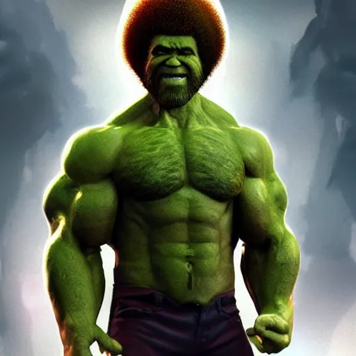 Image similar to photomanipulation of BOB ROSS as hulk with human flesh, marvel, fully detailed, volumetric lightening, octane render