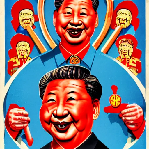 Image similar to xi jinping as communist clown, soviet propaganda style, vivid colors, detailed lines, dominating red color, detailed portrait, poster style