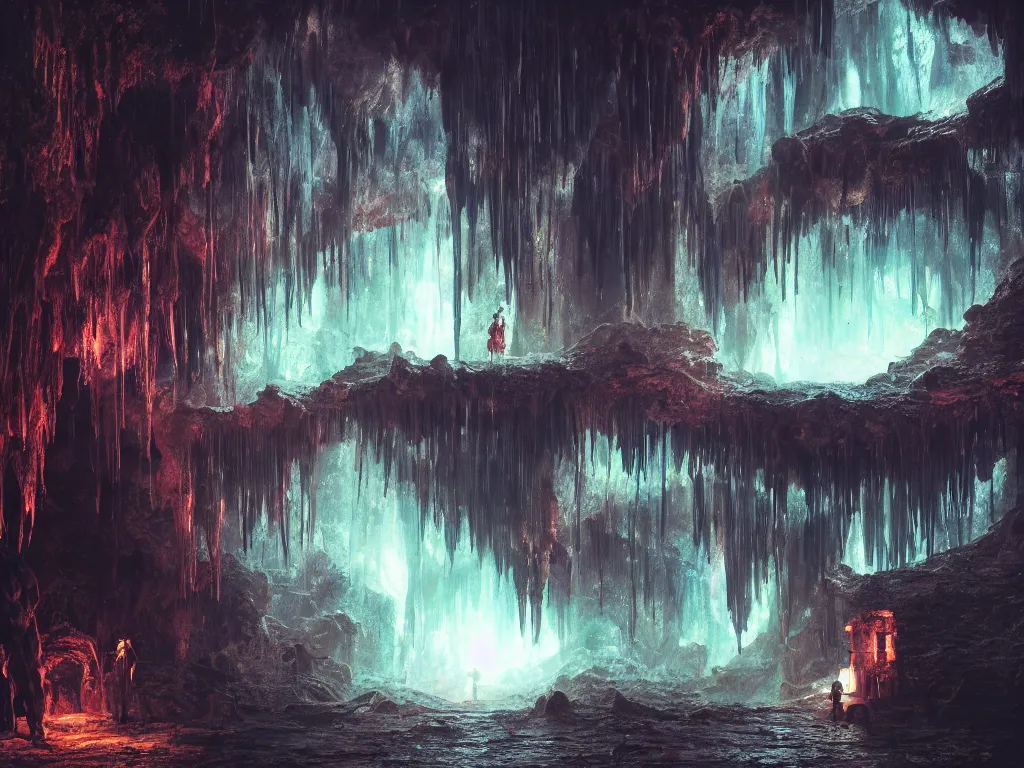 Prompt: oil painting, stalactites, dungeon, underground scene, cave, glowing threads of drop, solitude under a waterfall, space flower fairy, space, stars, star rain, rich deep colors masterpiece, ultra detailed, beautiful fantasy, contrast, volumetric light, atmospheric lighting, cinematic, steampunk, moody, octane render 4 k, 8 k