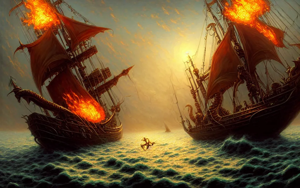 Prompt: death is swallowed up in victory, artwork by artgerm, skeletons on a pirate ship, sail made of fire, giant cthulhu breaching the water, wide angle, full body, fantasy, highly detailed, digital painting, artstation, sharp focus, art by thomas kinkade and stephan martiniere and kevin swartz