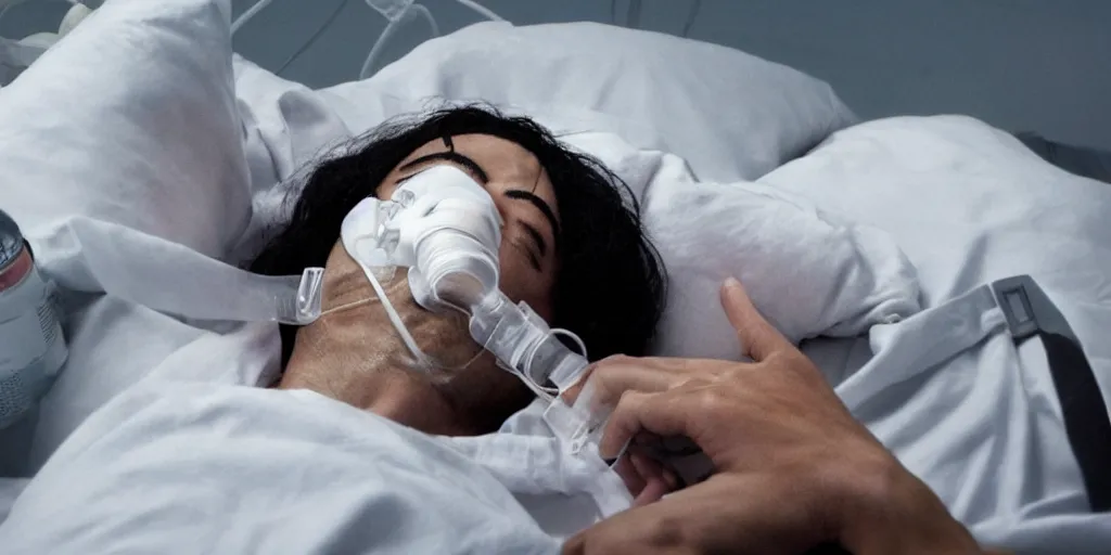 Image similar to michael jackson asleep 2 0 0 9, not breathing, hospital bed, oxygen mask, dead, ultra realistic face, 4 k, movie still, uhd, sharp, detailed, cinematic, render, modern