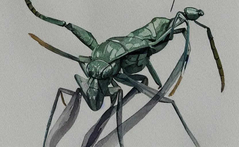 Image similar to concept art of a mantis insect, pinterest, artstation trending, behance, watercolor, by coby whitmore, silver, laser light,