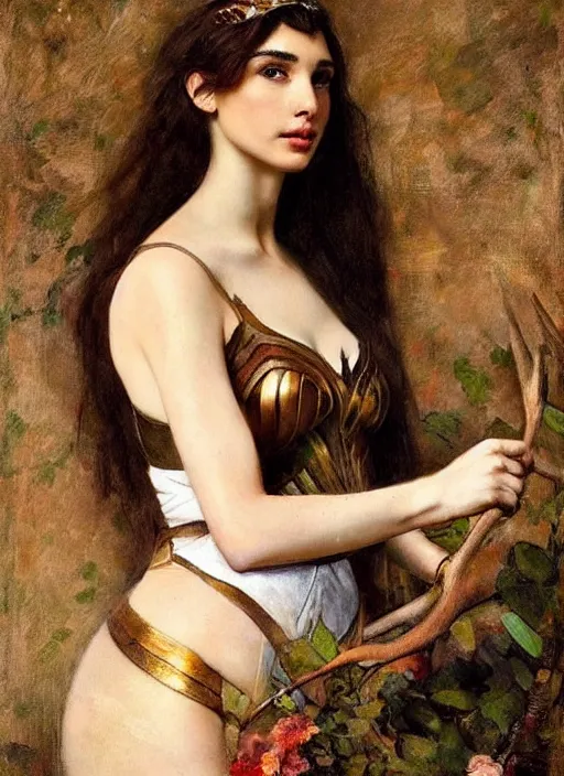 Prompt: a beautiful painting of Gal Gadot as a deer by juan luna, pre-raphaelite, detailed, trending on artstation, hd, masterpiece