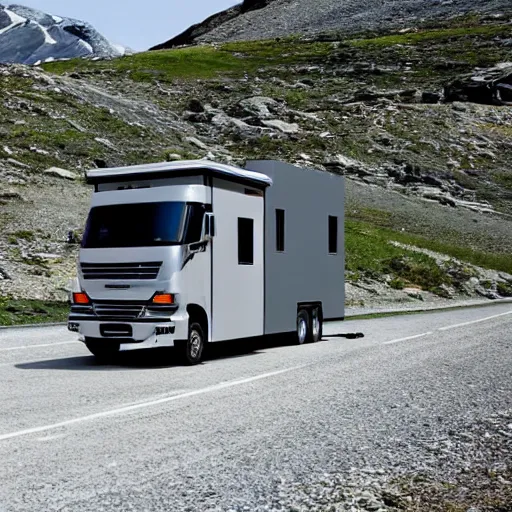 Prompt: concept flatbed truck with modern tinyhouse, minimalistic design, mountain road landscape