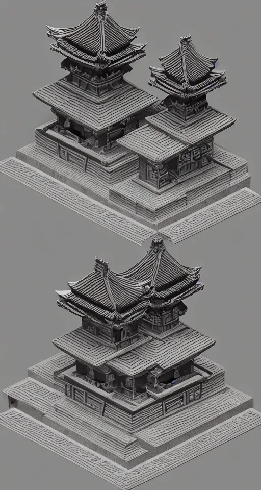 Image similar to geometric design isometric japanese temple with full blood-moon behind the top, trending on artstation, 3D render, unreal engine 5