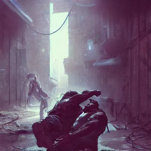 Prompt: original masterpiece artwork of 2 men strangling each other during a fight in an alleyway by greg rutkowski and strewzan, horror, crime, hyperrealistic, octane render, exciting pose, dynamic lighting