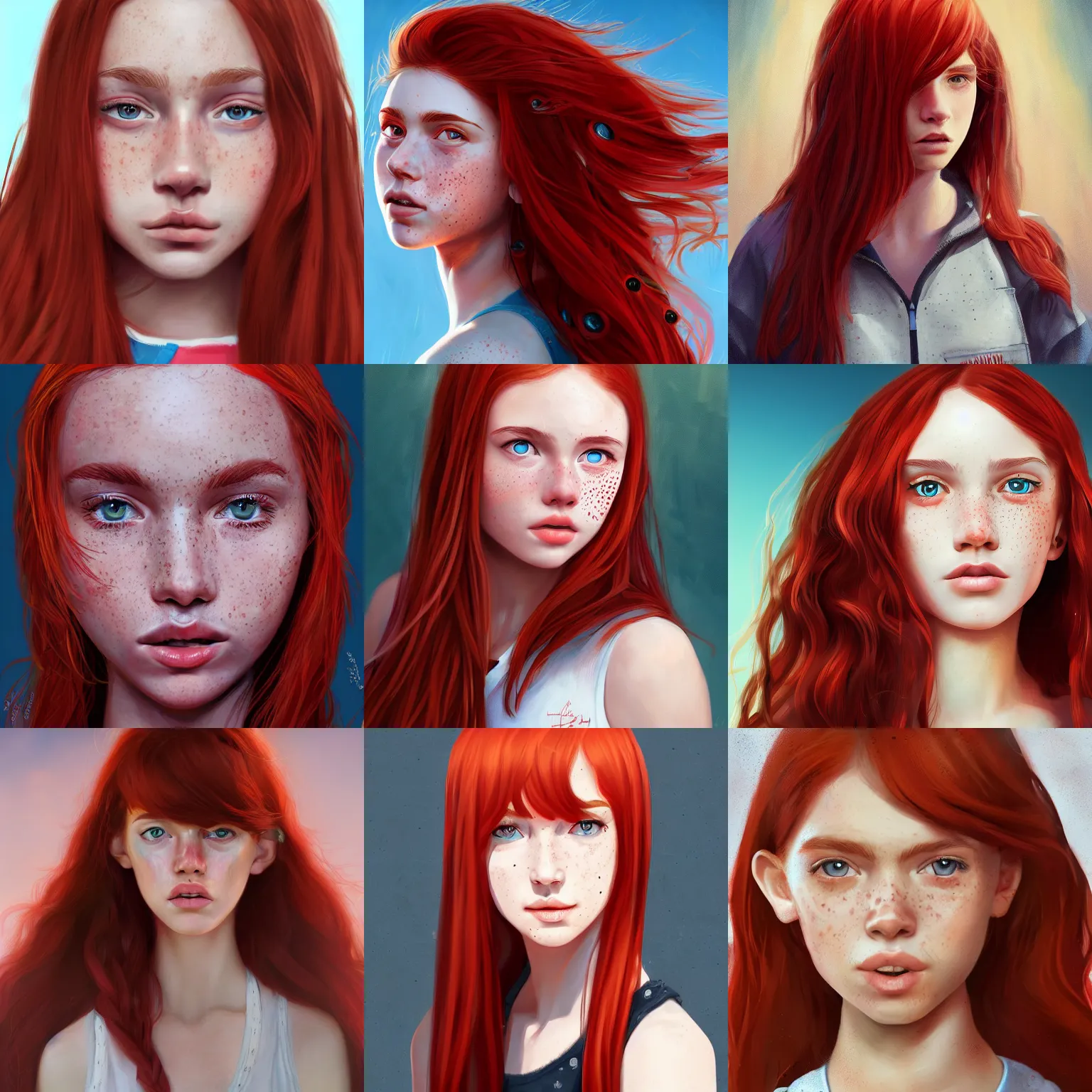 Image similar to portrait of a teen girl with freckles with long red hair and bright brown eyes, 8 k, highly detailed, digital painting, artstation, sharp focus, illustration