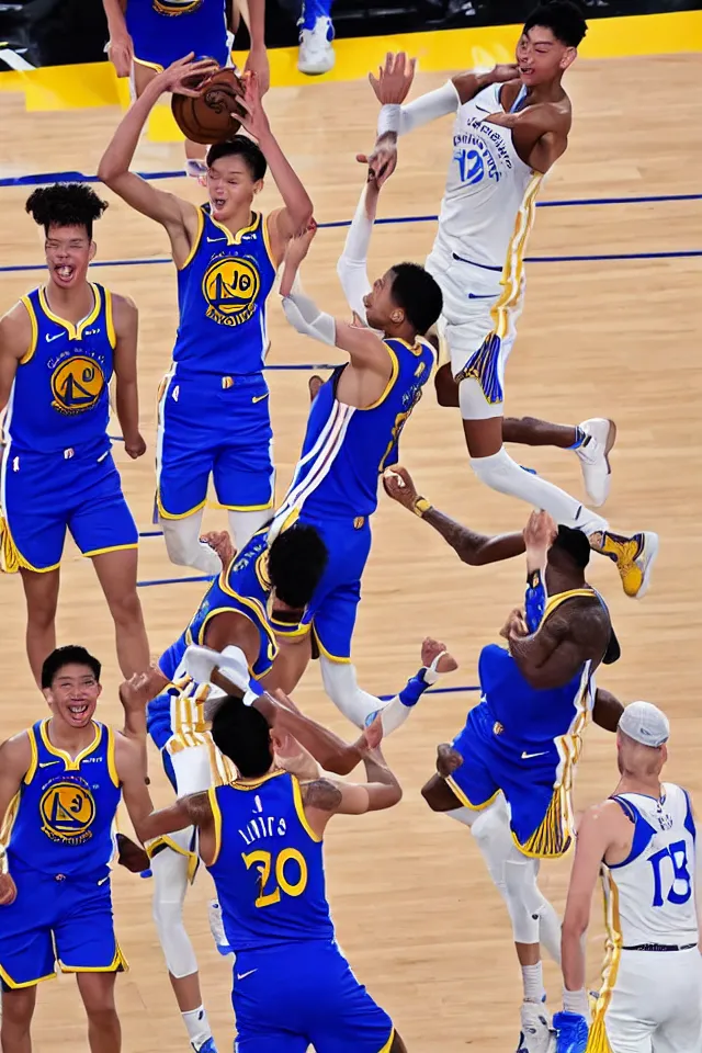 Image similar to kai sotto in the golden state warriors during the nba finals dunking on lebron james and anthony davis, 8 k, hyperrealistic, realistic, highly detailed, true to life