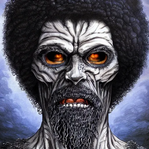 Image similar to a stunning depiction of an undead bob ross by kentaro miura, hyper - detailed masterpiece