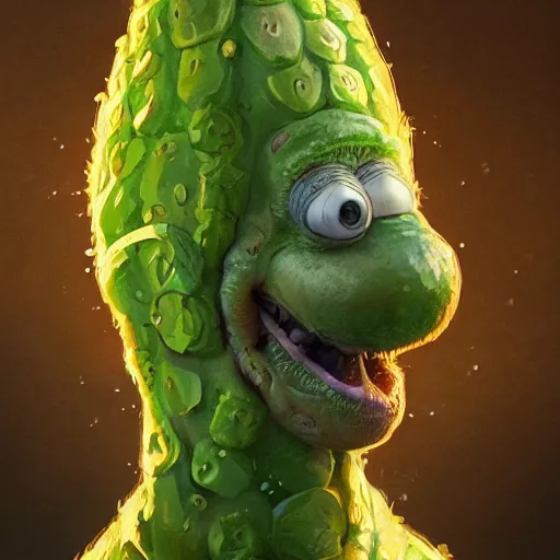 Prompt: An anthropomorphic pickle with the face of Mark Zuckerberg , Pickle Rick, intricate, highly detailed, digital painting, artstation, oppressive lighting, fashion concept art, sharp focus, illustration, art by greg rutkowski and alphonse mucha