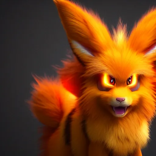 Image similar to photography of a realistic flareon animal, ultra detailed, 8 k, cinematic lighting, natural background, trending on artstation, pokemon