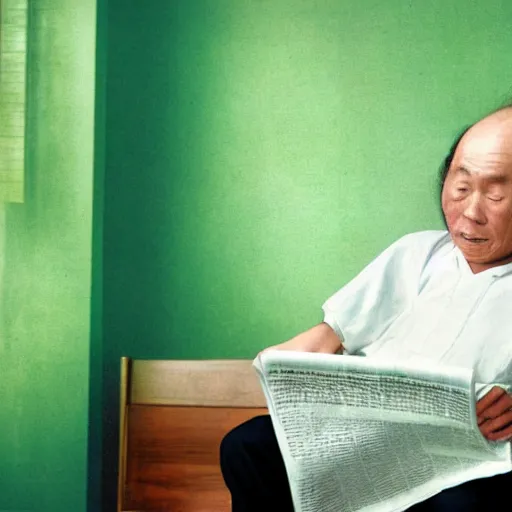 Image similar to old balding japanese man with white shirt, sitting on a chair and reading newspaper while looking at the ceiling of his room with contrastic green lighting by monet