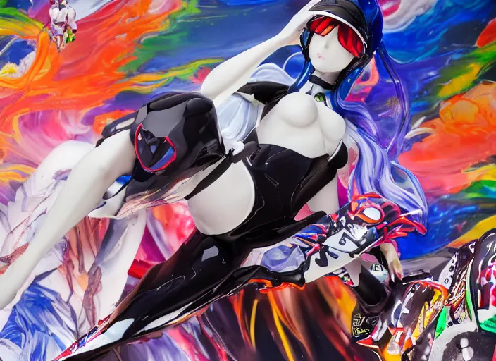 Image similar to extremely beautiful photo of a white marble statue of an anime girl with colorful motocross logos and motorcycle helmet with closed visor, colorful smoke in the background, carved marble statue, fine art, neon genesis evangelion, virgil abloh, offwhite, denoise, highly detailed, 8 k, hyperreal