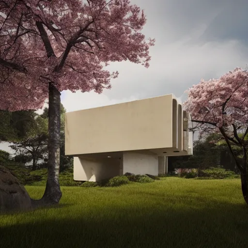 Prompt: futuristic rectangular beige house with courtyard, on a hill surrounded by big sakura trees, dramatic lighting, artstation, matte painting, raphael lacoste, simon stalenhag, frank lloyd wright, zaha hadid, drone view