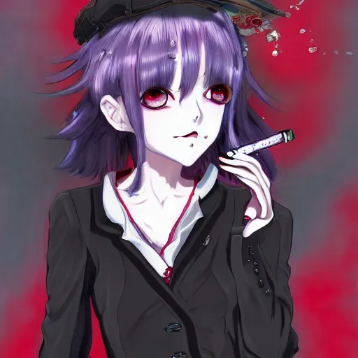 Image similar to red-eyed beautiful shoggoth anime girl smoking a cigarette deviantart by amano yoshitaka hyperreality hd danganronpa art detailed 8k by aramaki shinji, lovecraft, details, meat, blood