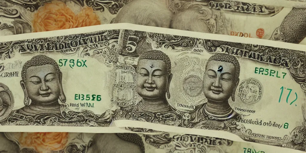 Image similar to 5 dollar bill with a buddha on it, high details