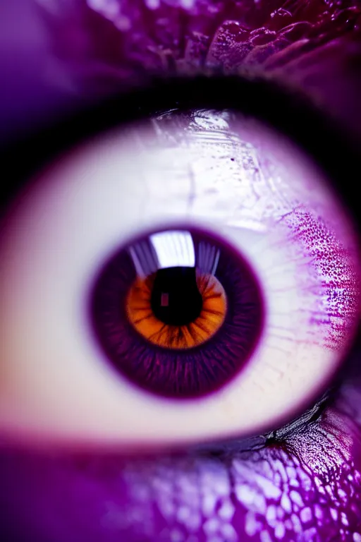 Image similar to macro photography of a hyper realistic eye. shades of purple in the iris with a forest reflected in it. epic scale, insanely complex, hyperdetailed, sharp focus, hyper realism, artstation, cgsociety, 8 k, bright colors, by takato yamamoto, unreal engine 5