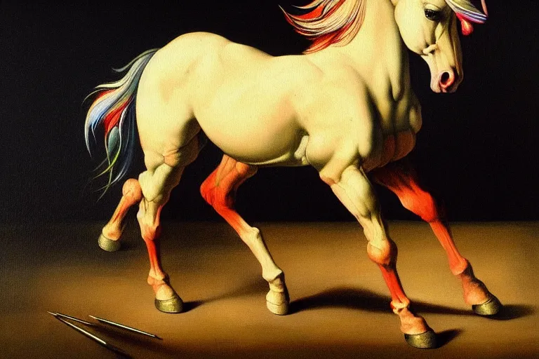 Image similar to detailed traditional painting of a unicorn walking on a rainbow, ( ( rainbow ) ) by caravaggio, authentic, masterpiece, brush strokes, trending on artstation