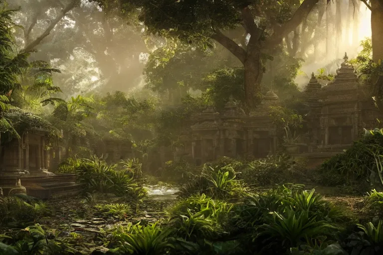 Prompt: temple complex in a jungle clearing, volumetric light, 8k, art station and cgsociety