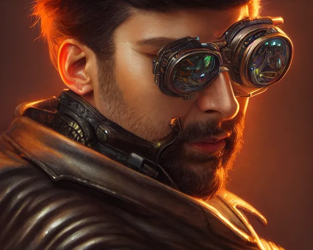 Prompt: highly detailed photorealistic man with a cyberpunk leather jacket, deep focus, d & d, fantasy, intricate, elegant, highly detailed, digital painting, artstation, concept art, matte, sharp focus, illustration, hearthstone, art by artgerm and greg rutkowski and alphonse mucha