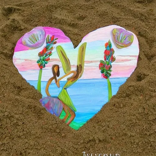 Prompt: spring love on the beach art land art