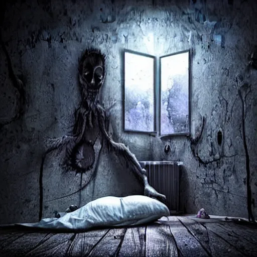 Image similar to a portal to the monster dimension under the bed in a children's room, horror, surreal, creepy, night, nightmare