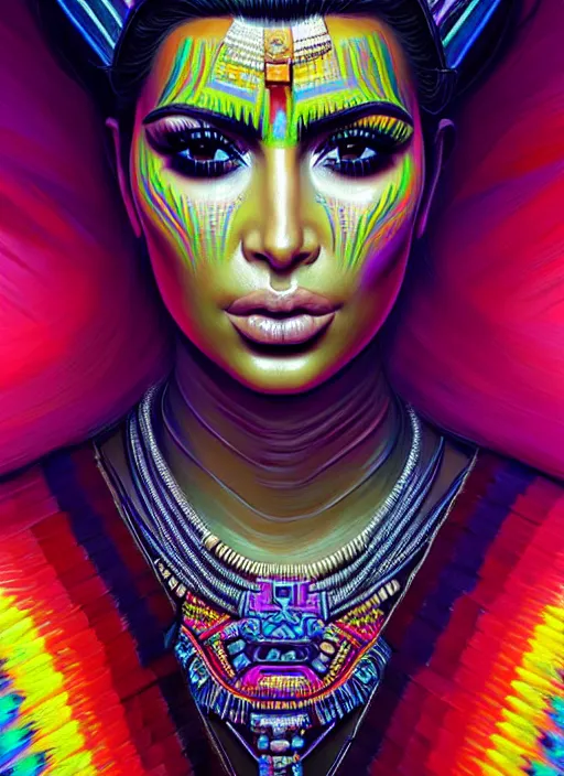 Image similar to portrait of kim kardashian, hyper detailed ultra sharp aztec shaman warrior. trending on artstation, warpaint aesthetic, bloodwave, colorful, psychedelic, ornate, intricate, digital painting, concept art, smooth, sharp focus, illustration, art by artgerm and greg rutkowski and h. r. giger, 8 k